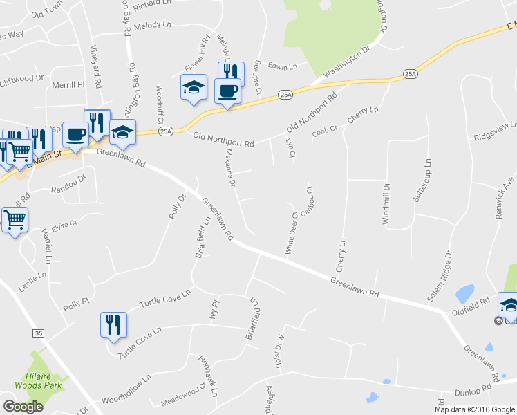 map of restaurants, bars, coffee shops, grocery stores, and more near 3 Blue Sky Ct in Huntington