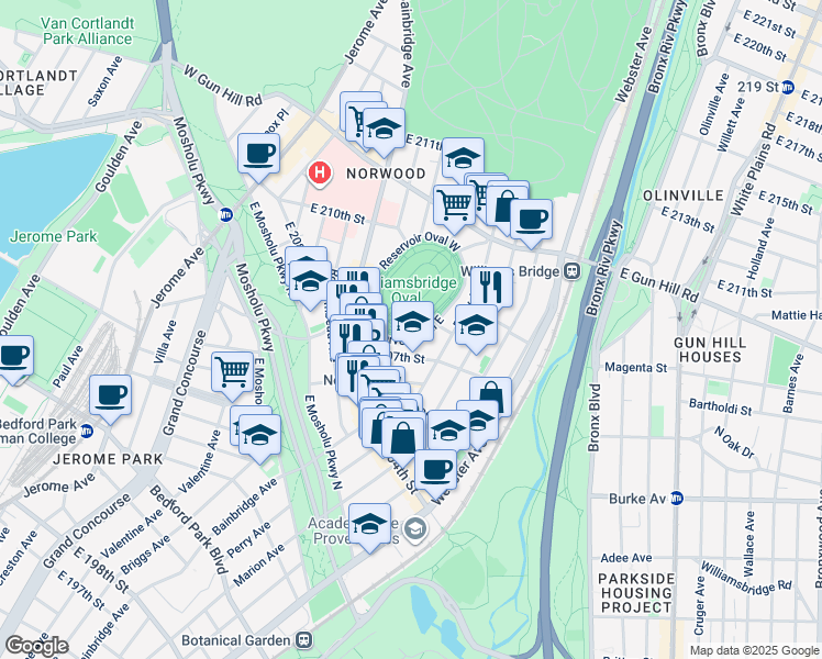 map of restaurants, bars, coffee shops, grocery stores, and more near 3225 Reservoir Oval East in The Bronx