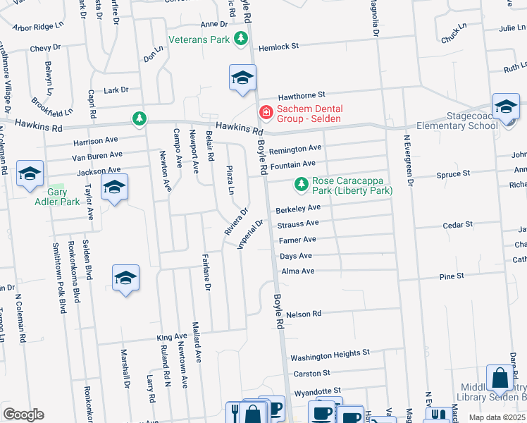 map of restaurants, bars, coffee shops, grocery stores, and more near 140 Boyle Road in Selden
