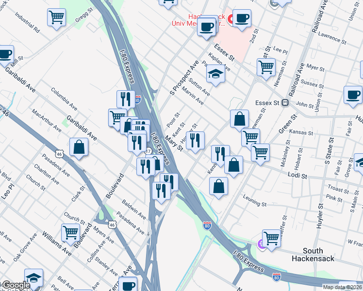 map of restaurants, bars, coffee shops, grocery stores, and more near 262 Mary Street in Hackensack