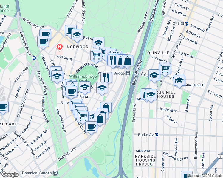 map of restaurants, bars, coffee shops, grocery stores, and more near Decatur Avenue & East 209th Street in Bronx