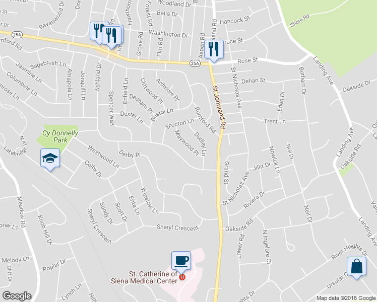 map of restaurants, bars, coffee shops, grocery stores, and more near 10 Maywood Place in Kings Park
