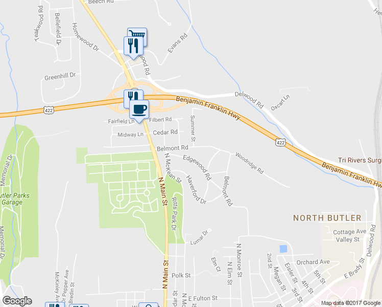 map of restaurants, bars, coffee shops, grocery stores, and more near 220 Belmont Road in Butler