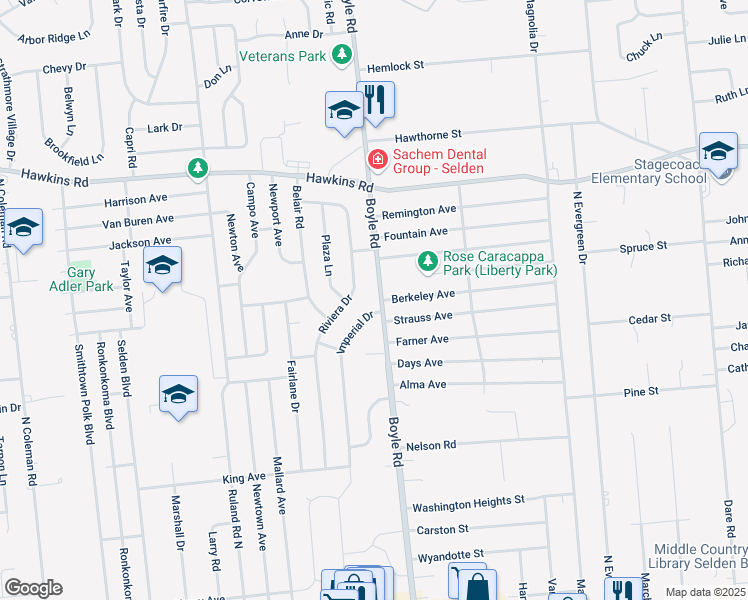 map of restaurants, bars, coffee shops, grocery stores, and more near 140 Boyle Road in Selden