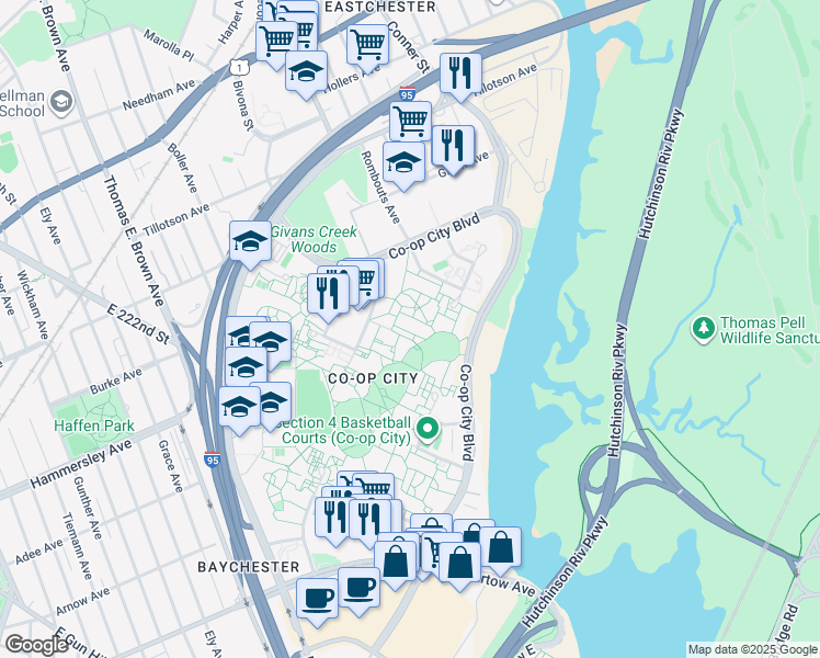 map of restaurants, bars, coffee shops, grocery stores, and more near 1 Debs Pl in Bronx