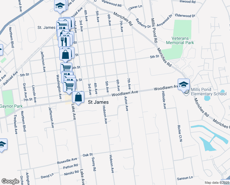 map of restaurants, bars, coffee shops, grocery stores, and more near 233 Woodlawn Avenue in Saint James
