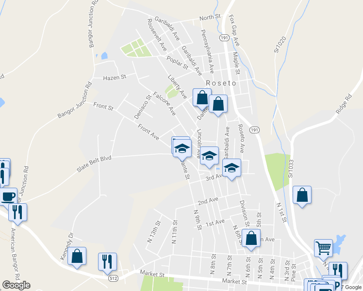 map of restaurants, bars, coffee shops, grocery stores, and more near 55 Dewey Street in Roseto