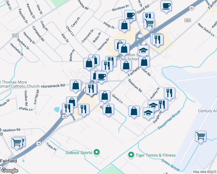 map of restaurants, bars, coffee shops, grocery stores, and more near 161 Fairfield Road in Fairfield