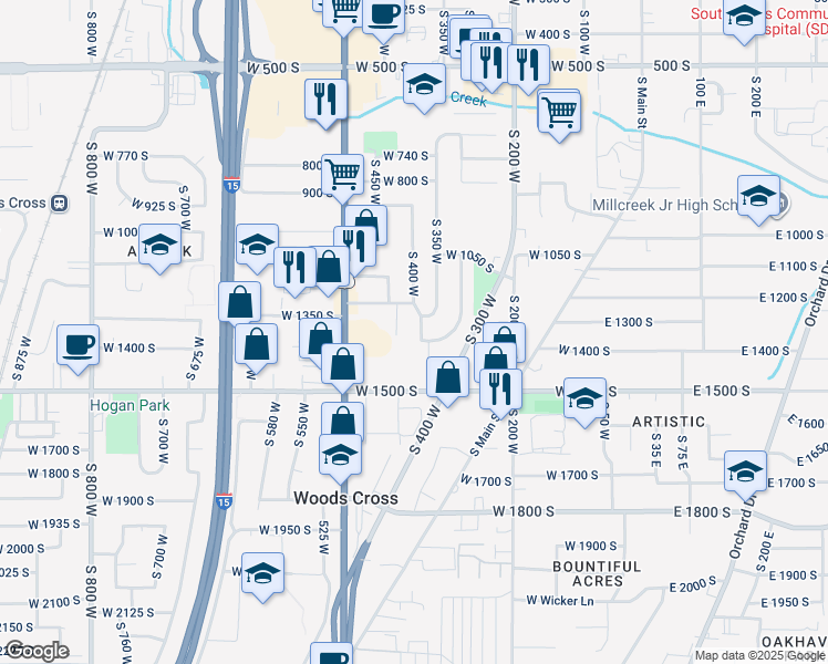 map of restaurants, bars, coffee shops, grocery stores, and more near 1362 South 400 West in Bountiful