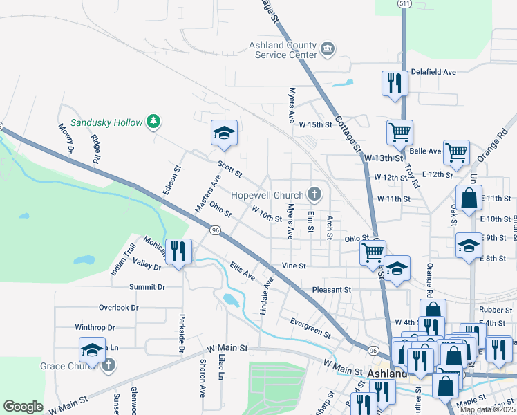 map of restaurants, bars, coffee shops, grocery stores, and more near 722 West 10th Street in Ashland