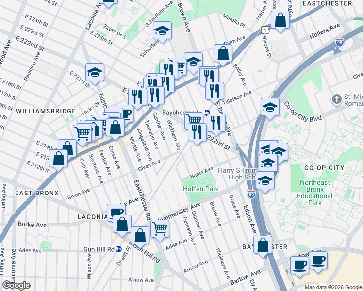 map of restaurants, bars, coffee shops, grocery stores, and more near 3304 Wickham Avenue in Bronx