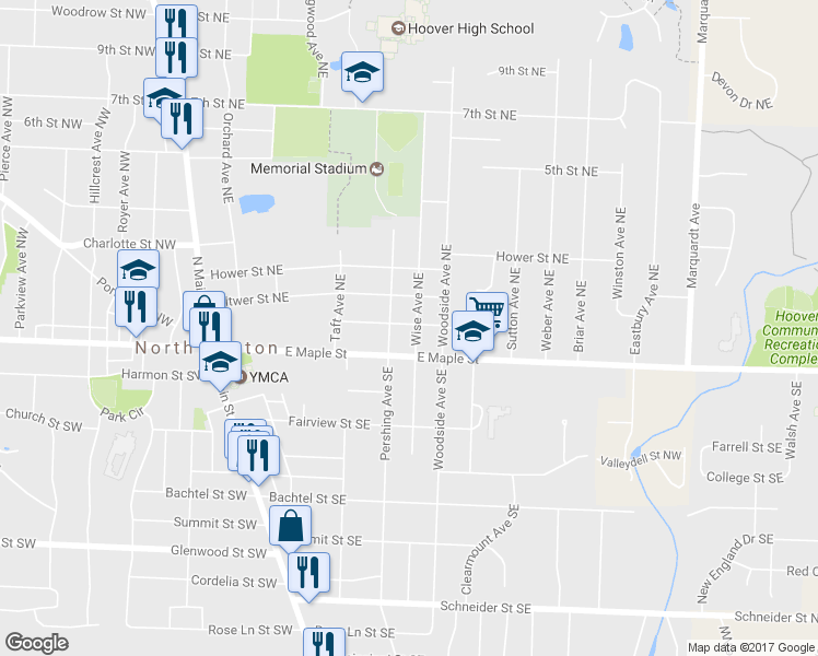map of restaurants, bars, coffee shops, grocery stores, and more near 129 Wise Avenue Northeast in North Canton