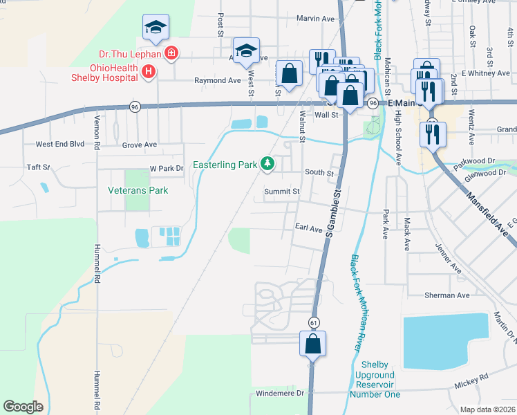map of restaurants, bars, coffee shops, grocery stores, and more near 51 West Tucker Avenue in Shelby