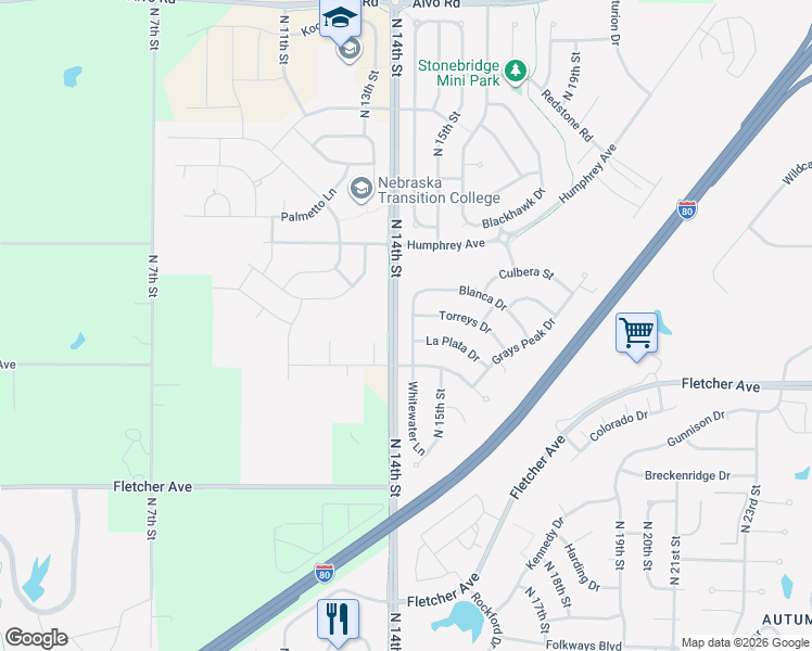 map of restaurants, bars, coffee shops, grocery stores, and more near 6455 Whitewater Lane in Lincoln