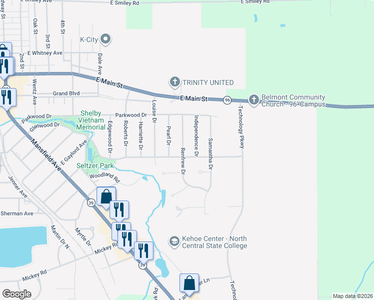 map of restaurants, bars, coffee shops, grocery stores, and more near 67 Renfrew Dr in Shelby