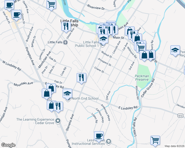 map of restaurants, bars, coffee shops, grocery stores, and more near 119 Ridge Ave in Little Falls