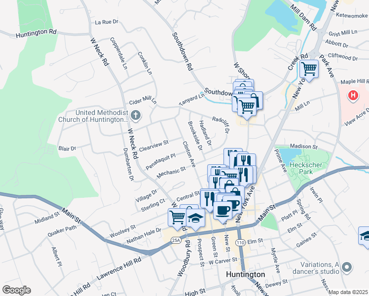 map of restaurants, bars, coffee shops, grocery stores, and more near 139 Clinton Ave in Huntington