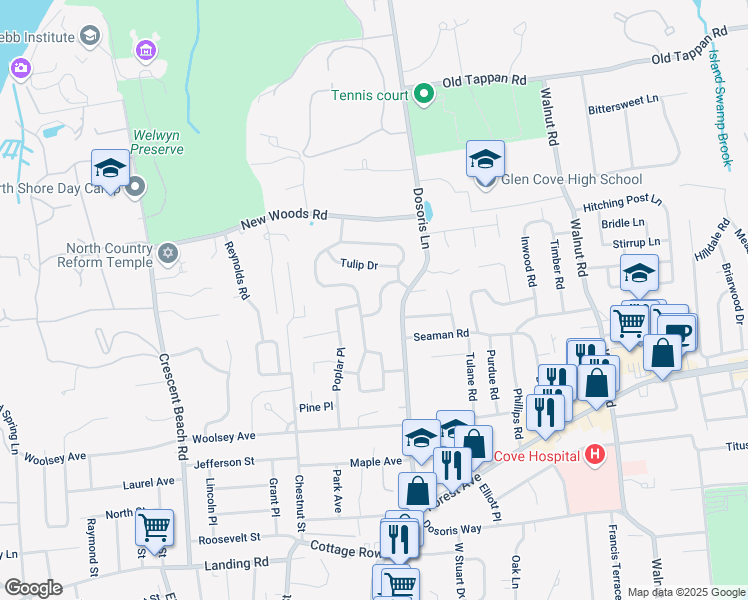 map of restaurants, bars, coffee shops, grocery stores, and more near 3 Appletree Ln in Glen Cove