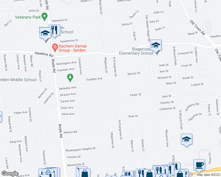 map of restaurants, bars, coffee shops, grocery stores, and more near 3 Strauss Avenue in Selden