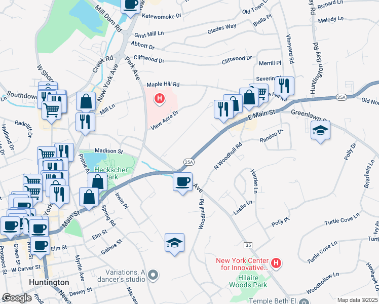 map of restaurants, bars, coffee shops, grocery stores, and more near 27 East Main Street in Huntington