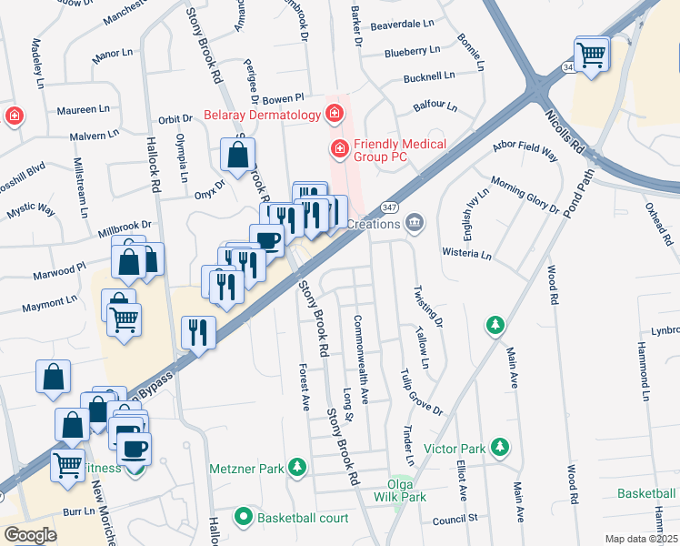 map of restaurants, bars, coffee shops, grocery stores, and more near 14 Greencrest Street in Lake Grove