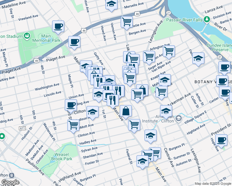 map of restaurants, bars, coffee shops, grocery stores, and more near 16 Harding Avenue in Clifton