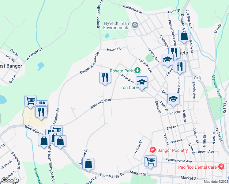 map of restaurants, bars, coffee shops, grocery stores, and more near 123 Eisenhower Boulevard in Bangor