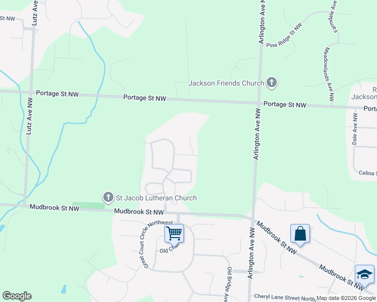 map of restaurants, bars, coffee shops, grocery stores, and more near 6583 Woodbridge Circle in Massillon