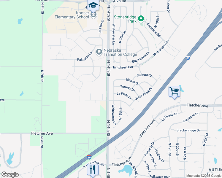 map of restaurants, bars, coffee shops, grocery stores, and more near 6455 Whitewater Lane in Lincoln