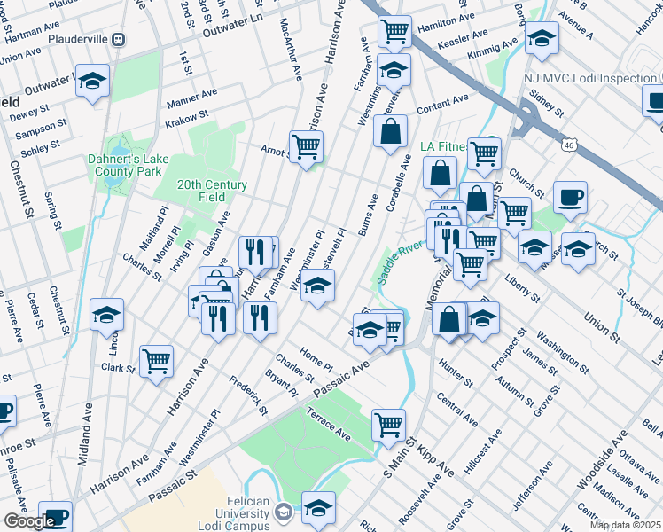 map of restaurants, bars, coffee shops, grocery stores, and more near 192 Westervelt Place in Lodi