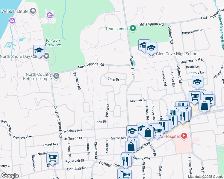 map of restaurants, bars, coffee shops, grocery stores, and more near 3 Appletree Lane in Glen Cove