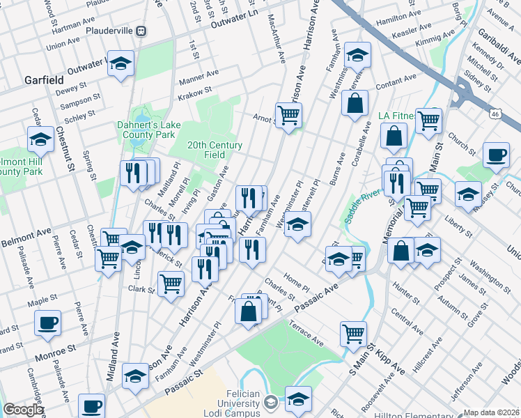 map of restaurants, bars, coffee shops, grocery stores, and more near 306 Harrison Avenue in Lodi