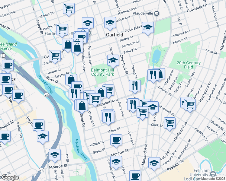 map of restaurants, bars, coffee shops, grocery stores, and more near 233 Pierre Avenue in Garfield