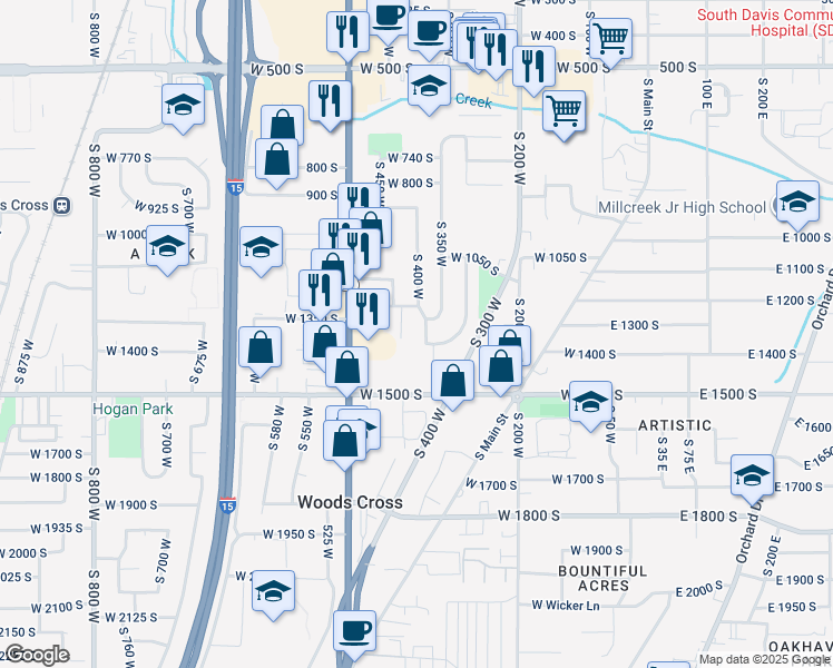 map of restaurants, bars, coffee shops, grocery stores, and more near 1362 South 400 West in Bountiful