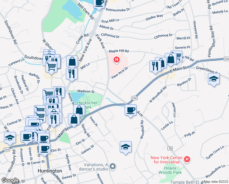 map of restaurants, bars, coffee shops, grocery stores, and more near 5 Cannon Court in Huntington
