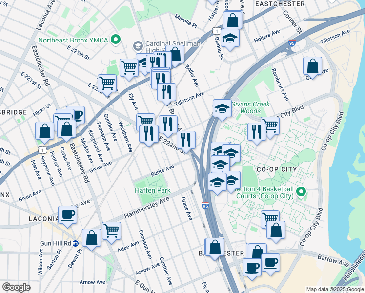 map of restaurants, bars, coffee shops, grocery stores, and more near 1495 East 222nd Street in Bronx