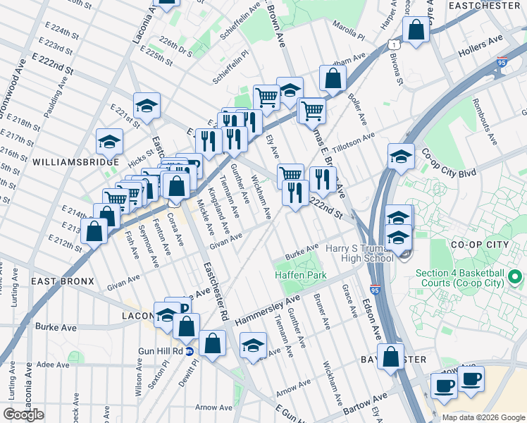 map of restaurants, bars, coffee shops, grocery stores, and more near 3322 Gunther Avenue in Bronx
