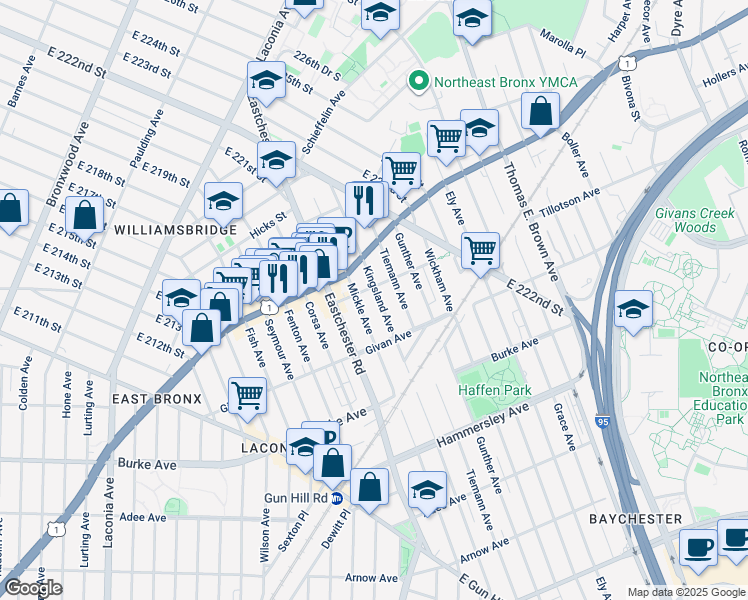 map of restaurants, bars, coffee shops, grocery stores, and more near 1600 Tillotson Avenue in Bronx