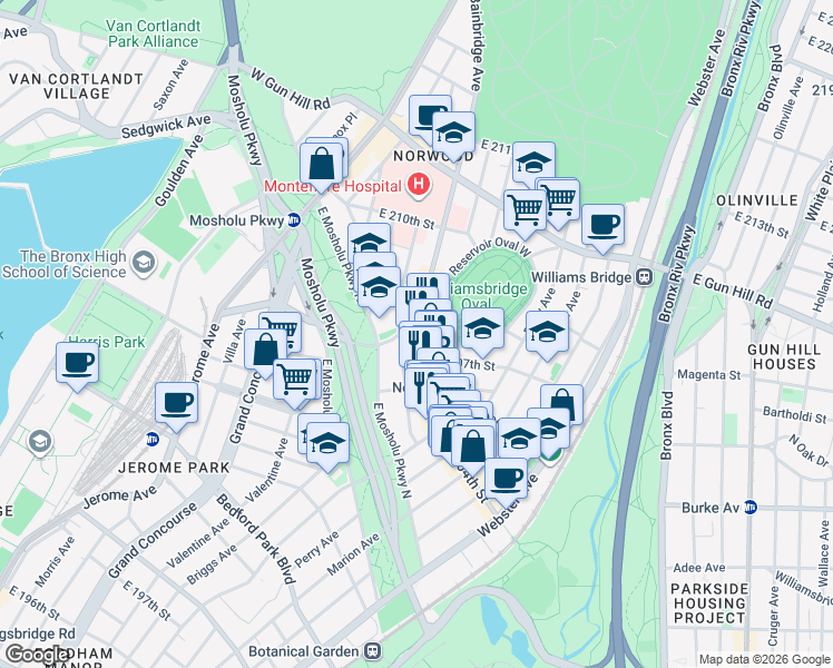map of restaurants, bars, coffee shops, grocery stores, and more near in The Bronx