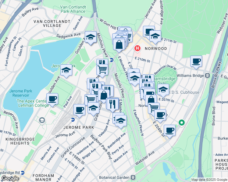 map of restaurants, bars, coffee shops, grocery stores, and more near 100 East Mosholu Parkway South in Bronx