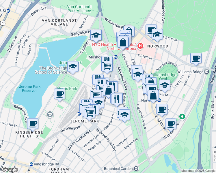 map of restaurants, bars, coffee shops, grocery stores, and more near 3184 Grand Concourse in Bronx