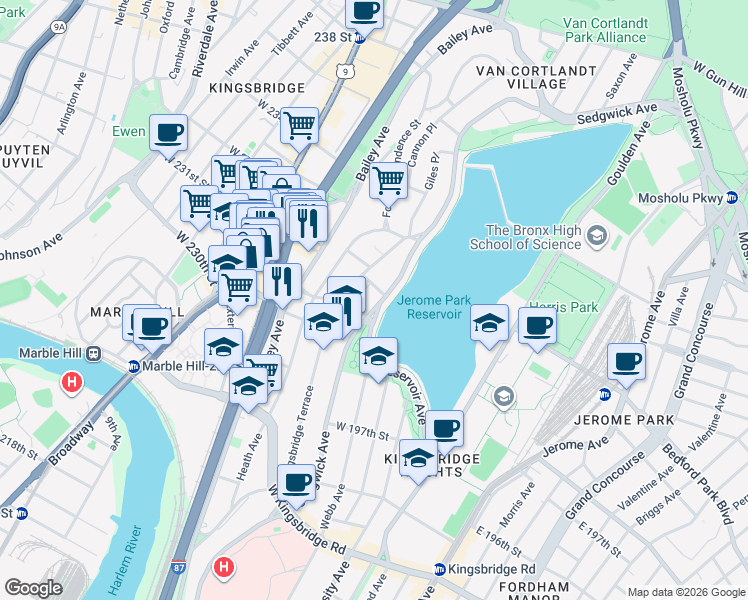 map of restaurants, bars, coffee shops, grocery stores, and more near 4 Armand Place in The Bronx