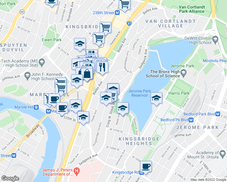 map of restaurants, bars, coffee shops, grocery stores, and more near 4 Armand Place in Bronx