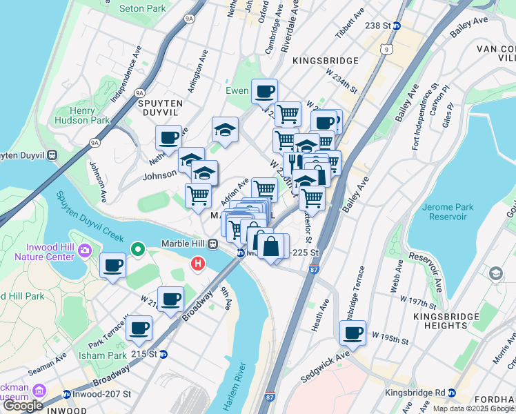 map of restaurants, bars, coffee shops, grocery stores, and more near 120 West 228th Street in The Bronx