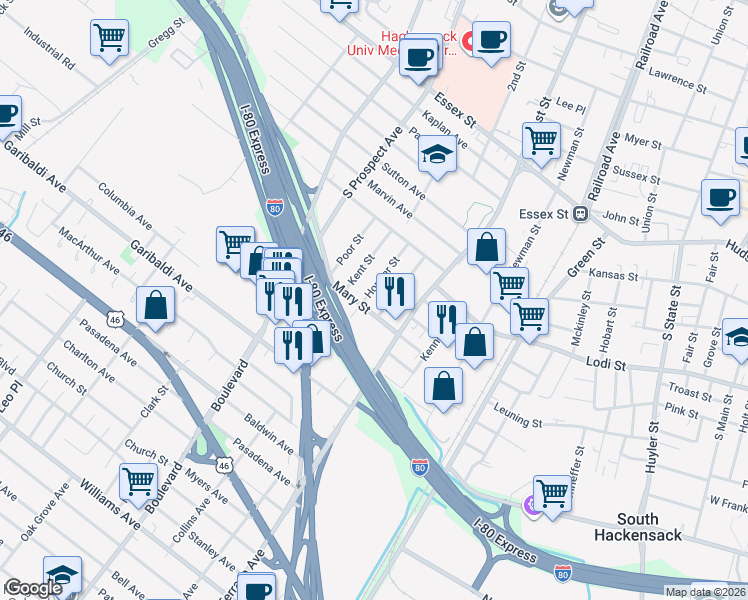 map of restaurants, bars, coffee shops, grocery stores, and more near 262 Mary Street in Hackensack