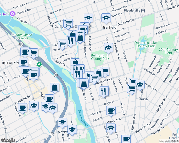 map of restaurants, bars, coffee shops, grocery stores, and more near 112 Wessington Avenue in Garfield