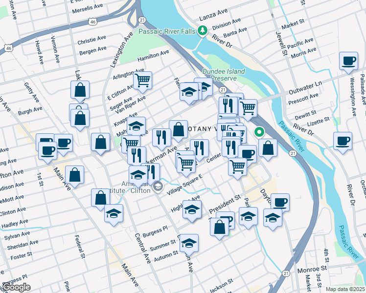 map of restaurants, bars, coffee shops, grocery stores, and more near Village Square East in Clifton