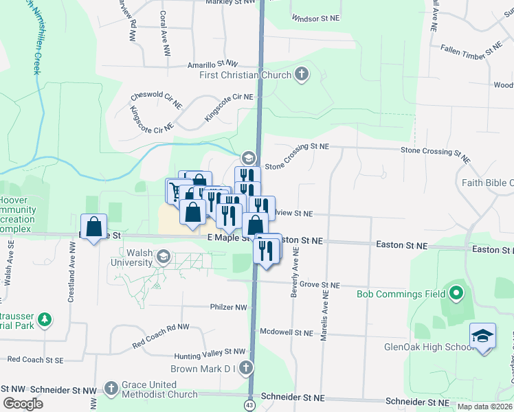 map of restaurants, bars, coffee shops, grocery stores, and more near 6501 Market Avenue North in Canton