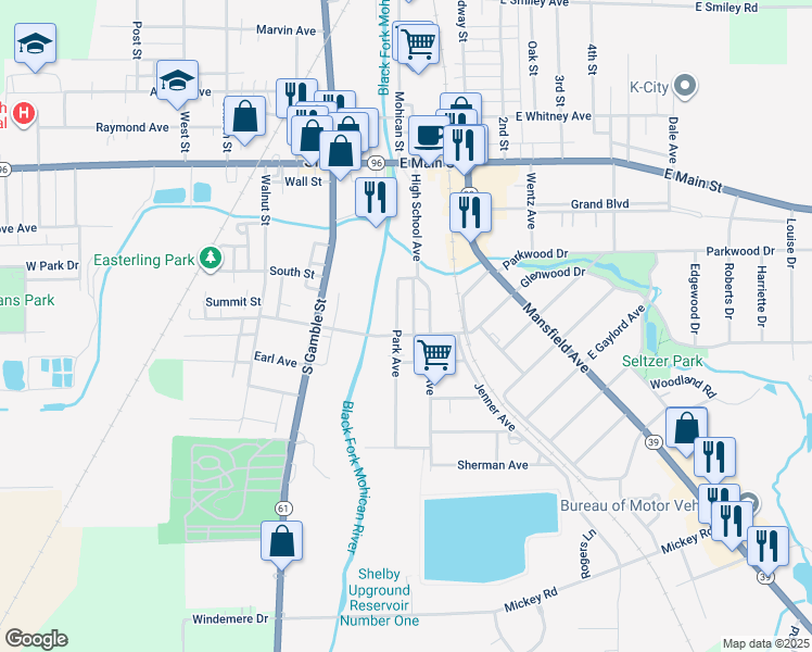 map of restaurants, bars, coffee shops, grocery stores, and more near 41 Park Ave in Shelby