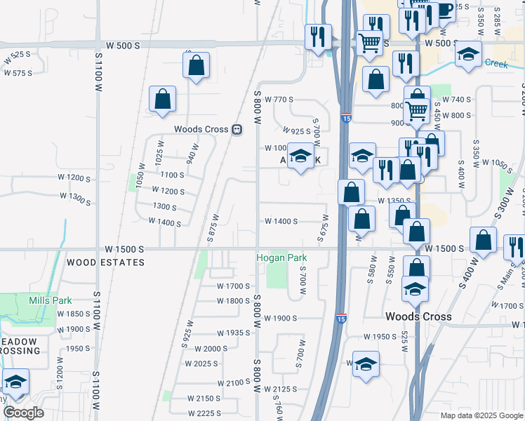 map of restaurants, bars, coffee shops, grocery stores, and more near 1301 South 800 West in Woods Cross